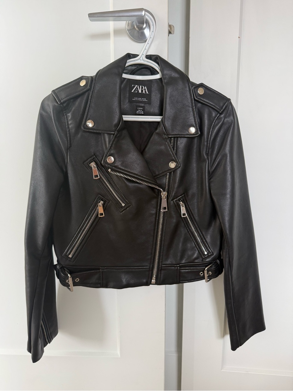 ZARA Black Leather Biker Jacket with Silver Hardware